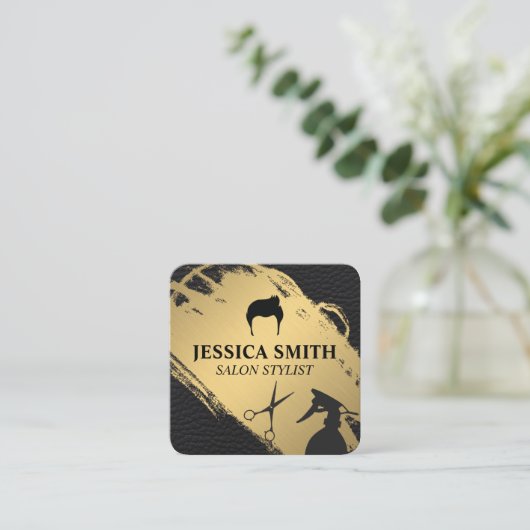 金属金ゴールド革 |サロンスタイリスト理容師 スクエア名刺 (スタンド正面)