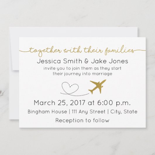 金属金ゴールド、旅行をテーマにした結婚式の招待 招待状 (正面)