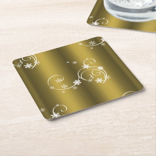 金属金ゴールド、白い渦巻きクリスマス スクエアペーパーコースター (アングル)