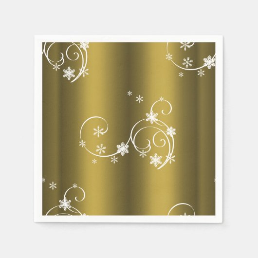 金属金ゴールド、白い渦巻きクリスマス スタンダードカクテルナプキン (正面)