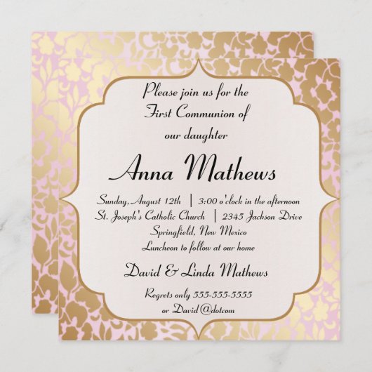 金属金ローズピンクの最初聖餐の招待 招待状 (正面/裏面)