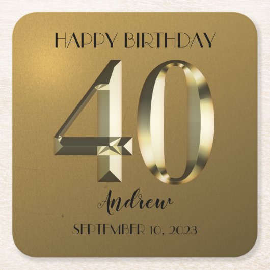 金属金箔40歳の誕生日 スクエアペーパーコースター (正面)