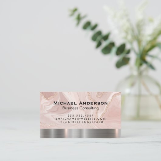 金属銀トリム | ピンク大理石金ゴールドフレーク 名刺 (スタンド正面)