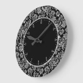 金属銀及び黒いヴィンテージの花柄のダマスク織 ラージ壁時計 (傾斜)