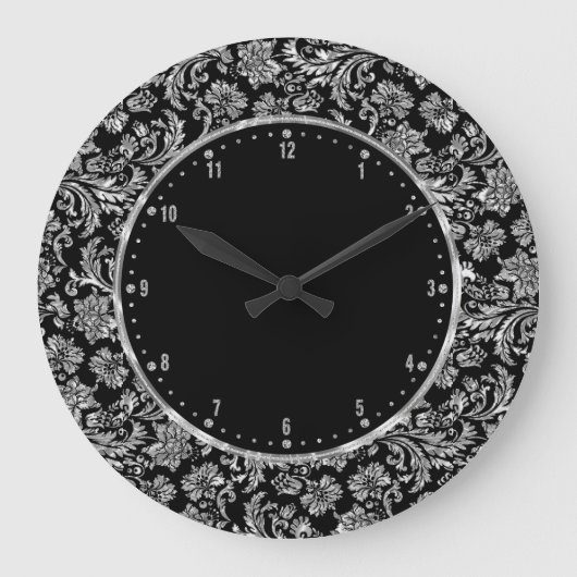 金属銀及び黒いヴィンテージの花柄のダマスク織 ラージ壁時計 (正面)