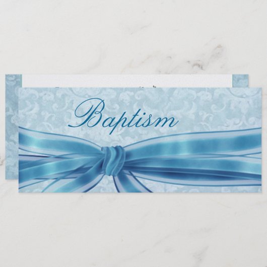 金属青いダマスク織に洗礼を施している男の赤ちゃん 招待状 (正面/裏面)