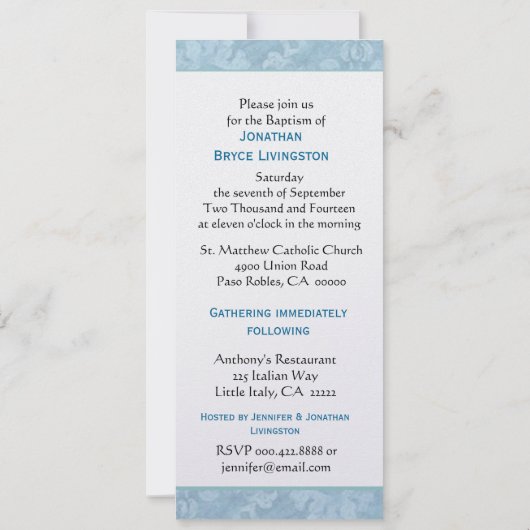 金属青いダマスク織に洗礼を施している男の赤ちゃん 招待状 (裏面)