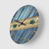 金属青緑の絹 – 金ゴールドの羽 ラウンド壁時計 (傾斜)