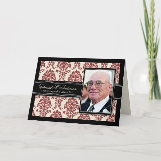 金年のダマスク織のバースデー・カードの招待状(赤い) 招待状 (正面)