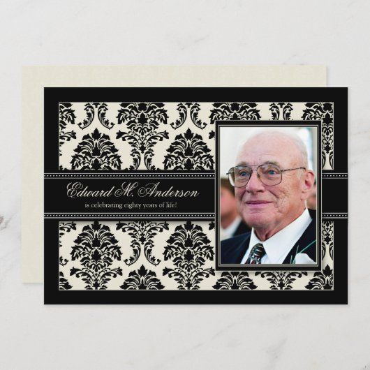 金年のダマスク織の誕生会の招待(黒) 招待状 (正面/裏面)