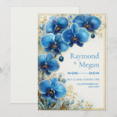 金彩コバルトブルー蘭の植物画 結婚式 招待状 (正面/裏面)