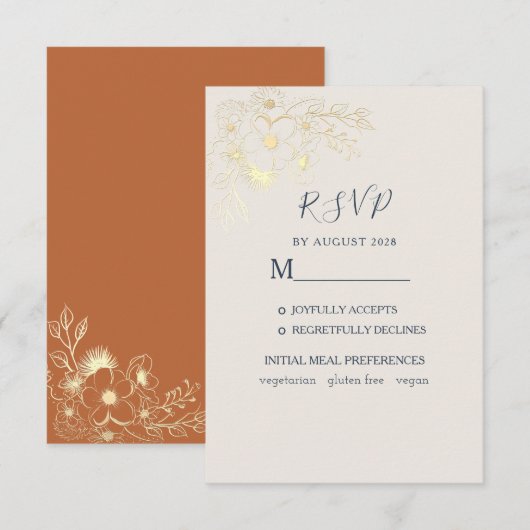 金彩フラワーモチーフの結婚式RSVPカード 出欠カード (正面/裏面)