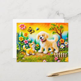 金感じの日の入り庭の犬と猫 ポストカード