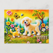 金感じの日の入り庭の犬と猫 ポストカード (正面)