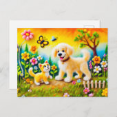 金感じの日の入り庭の犬と猫 ポストカード (正面/裏面)