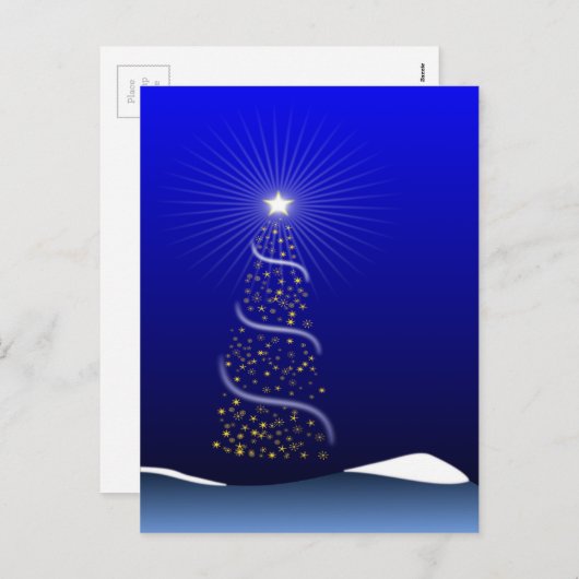 金星が付いている大きく青いクリスマスツリー シーズンポストカード (正面/裏面)