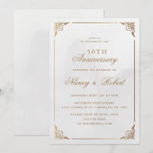 金枠の装飾付きクリーム色の結婚50周年記念 招待状 (正面/裏面)