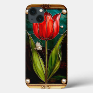 金枠付きのエレガントなステンドグラスのチューリップ iPhone 13ケース