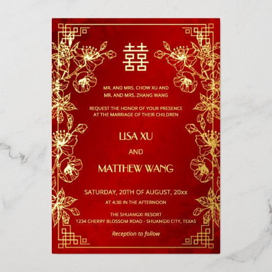 金枠付き赤い中国の結婚式 箔招待状 (正面)