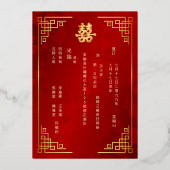 金枠付き赤い中国の結婚式 箔招待状 (裏面)