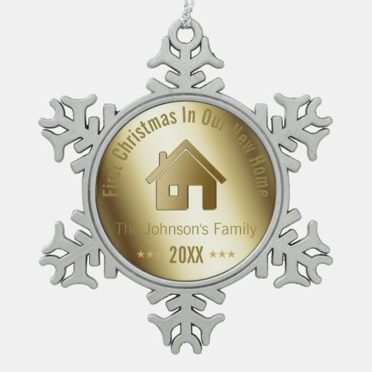 金私達の新しい家|の初めてのクリスマス スノーフレークピューターオーナメント (正面)
