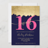 金箔が落ちる写真のネービー·ピンク·スイート16 招待状 (正面)