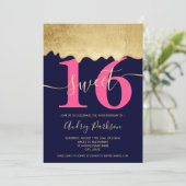 金箔が落ちる写真のネービー·ピンク·スイート16 招待状 (スタンド正面)
