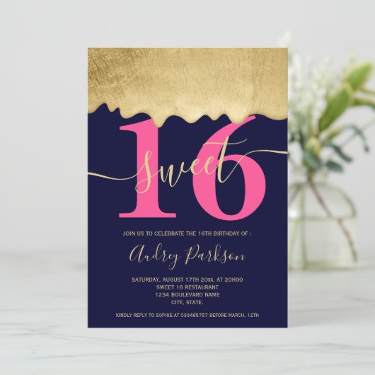 金箔が落ちる写真のネービー·ピンク·スイート16 招待状 (スタンド正面)