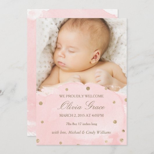 金箔とピンクの水彩誕生のお知らせ 案内状 (正面/裏面)