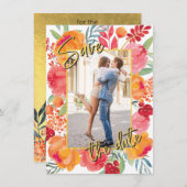 金箔と水色の花は日付カードを保存 セーブザデート (正面/裏面)