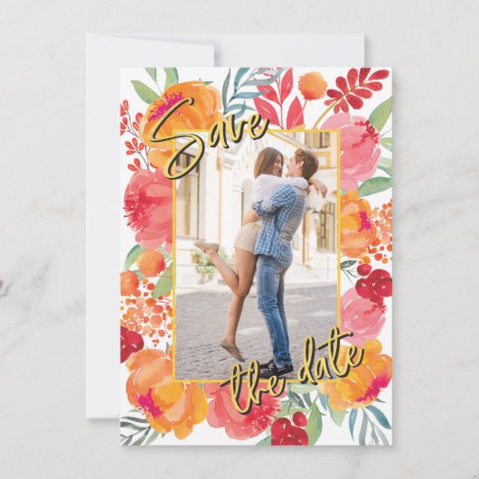 金箔と水色の花は日付カードを保存 セーブザデート (正面)