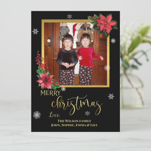 金箔と雪片と黒のポインセチア シーズンカード (スタンド正面)