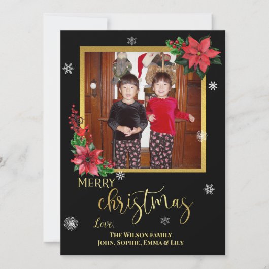 金箔と雪片と黒のポインセチア シーズンカード (正面)