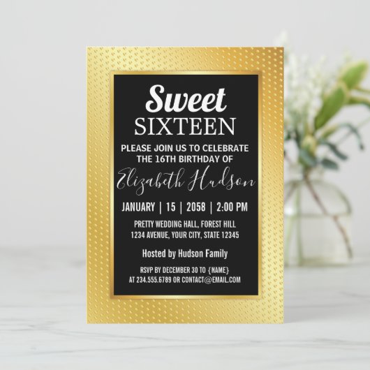 金箔のスパンコールが付いたスイート16の招待状 案内状 (スタンド正面)