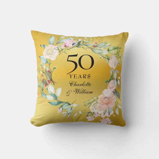 金箔のバラのガーランドでお祝いする結婚50周年記念 クッション (正面)