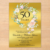 金箔のバラのガーランド 50周年記念の結婚式 アクリル招待状 (正面)