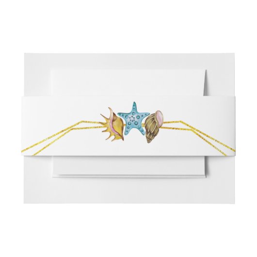 金箔のラインと貝殻のビーチ結婚式 招待状ベリーバンド (正面例)