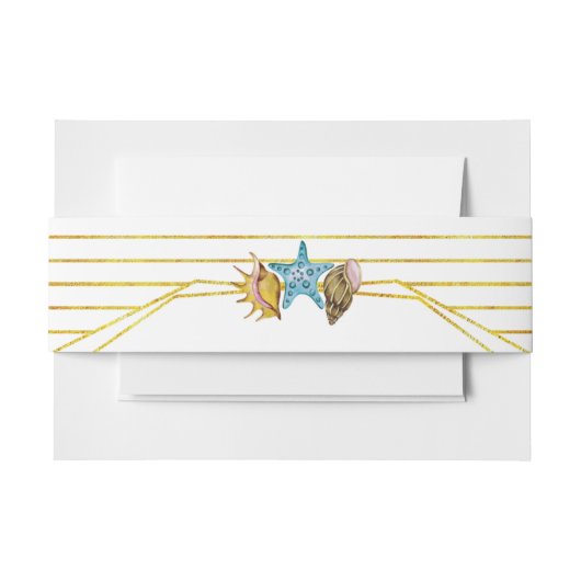 金箔のラインと貝殻のビーチ結婚式 招待状ベリーバンド (正面例)