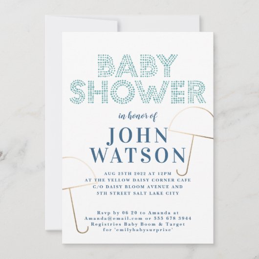 金箔の傘の青と白のベビーシャワー 招待状 (正面)