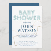 金箔の傘の青と白のベビーシャワー 招待状 (正面/裏面)