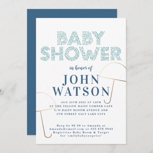 金箔の傘の青と白のベビーシャワー 招待状 (正面/裏面)