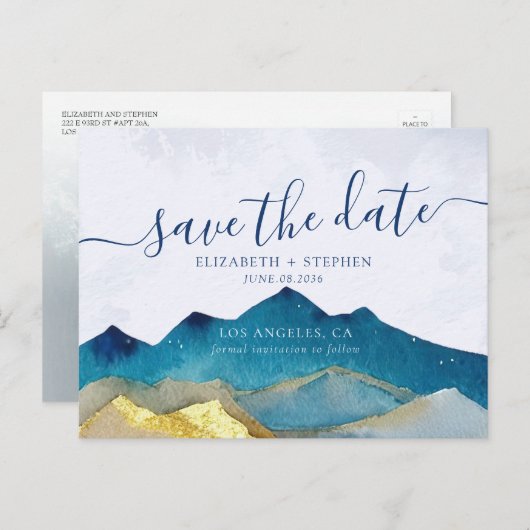 金箔の山結婚の写真の保存日付 案内ポストカード (正面/裏面)