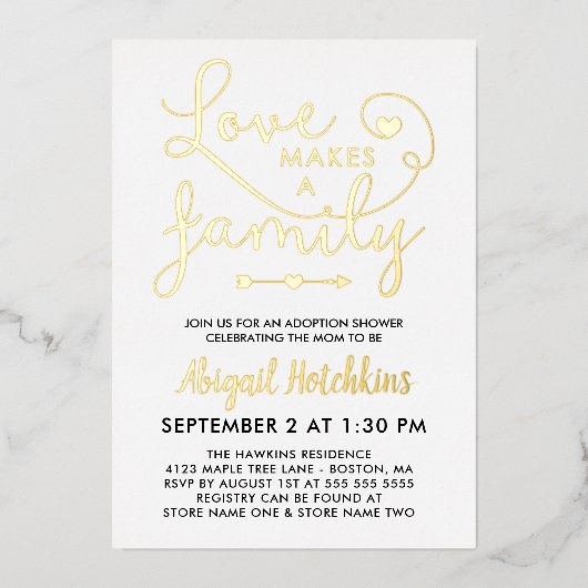 金箔の愛で家族の養子縁組シャワー 箔招待状 (正面)