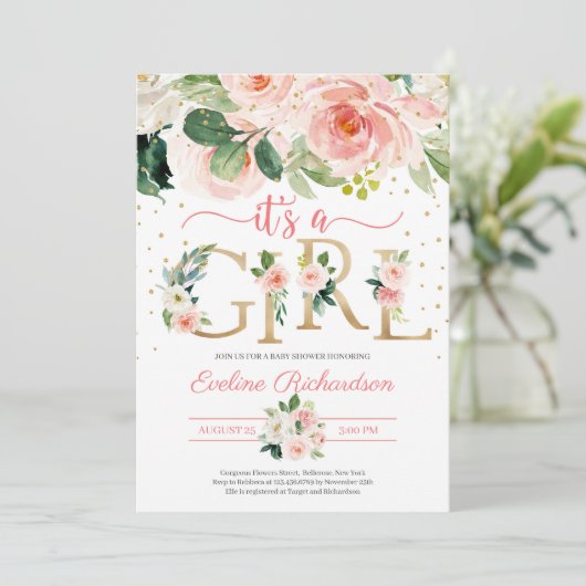 金箔の文字それは女の子のフローラの赤ちゃんシャワー 招待状 (スタンド正面)