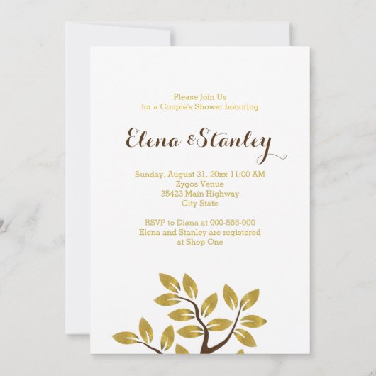 金箔の木のカップルモダンシャワー結婚の 招待状 (裏面)