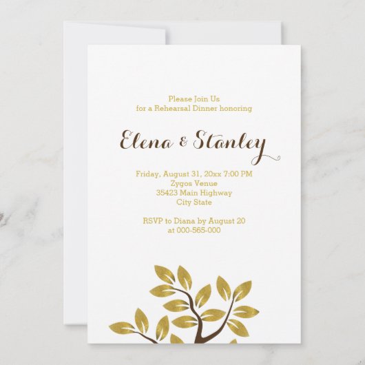 金箔の木モダンのリハーサル結婚ディナー 招待状 (裏面)