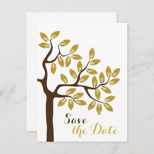 金箔の木モダンの結婚式の日付を保存 案内ポストカード (正面/裏面)