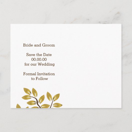 金箔の木モダンの結婚式の日付を保存 案内ポストカード (裏面)