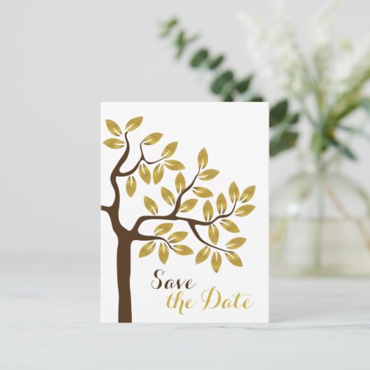 金箔の木モダンの結婚式の日付を保存 案内ポストカード (スタンド正面)