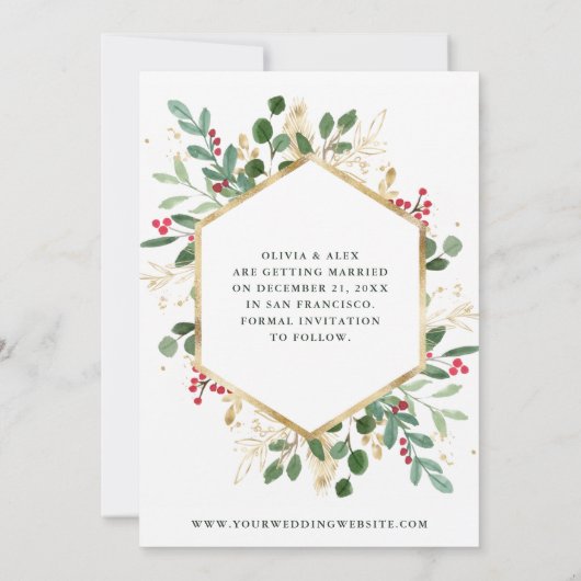 金箔の緑が白 |幾何学的な写真の休日 セーブザデート (裏面)